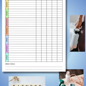 May include: A printable fitness tracker with a weekly schedule for Monday through Sunday. The tracker includes columns for workout, sets, reps, weight, cardio, and water intake. The text "Fitness Tracker" is at the top of the page. The text "WEEKLY GOALS" is at the bottom of the page.