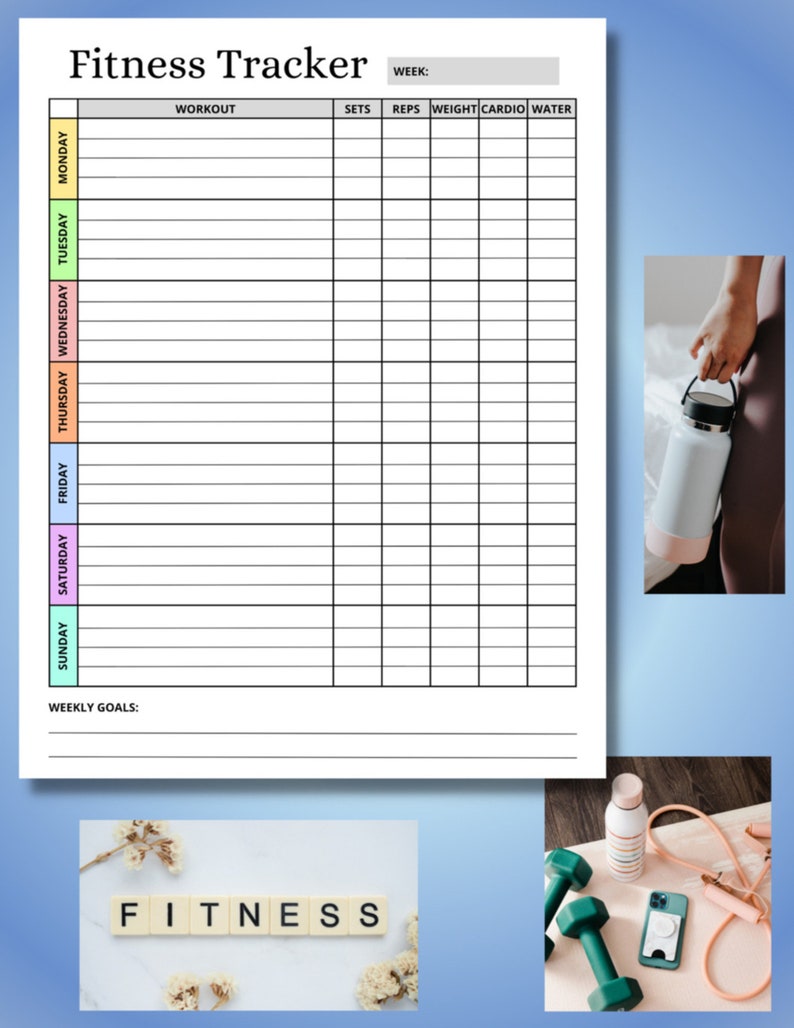 May include: A printable fitness tracker with a weekly schedule for Monday through Sunday. The tracker includes columns for workout, sets, reps, weight, cardio, and water intake. The text "Fitness Tracker" is at the top of the page. The text "WEEKLY GOALS" is at the bottom of the page.