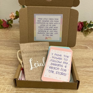 Affirmationskarten für Kinder, Positivitätskarten, Wohlbefinden von Kindern, handgefertigt mit personalisierter Tasche