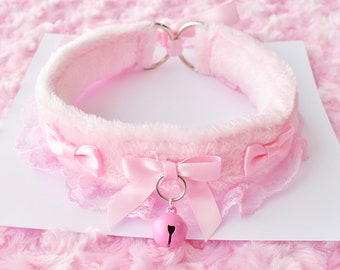 Pink Fuffy Kitten Collar | Pet Play Cosplay Gear Adult Ruffles Lace Bow Kawaii