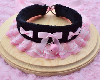 Black & Pink Fluffy Kitten Collar | Pet Play Cosplay Gear Adult Ruffles Lace Bow Kawaii