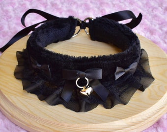 Black Fuffy Kitten Collar | Pet Play Cosplay Gear Adult Ruffles Lace Bow Kawaii