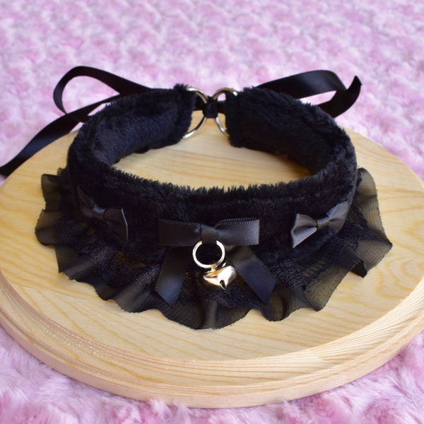 Black Fuffy Kitten Collar | Pet Play Cosplay Gear Adult Ruffles Lace Bow Kawaii