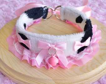 Cow Print Fluffy Kitten Collar | Pet Play Cosplay Gear Adult Ruffles Lace Bow Kawaii
