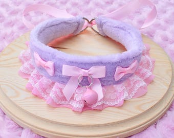 Purple & Pink Fluffy Kitten Collar | Pet Play Cosplay Gear Adult Ruffles Lace Bow Kawaii