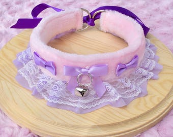 Pink & Purple Fluffy Kitten Collar | Pet Play Cosplay Gear Adult Ruffles Lace Bow Kawaii