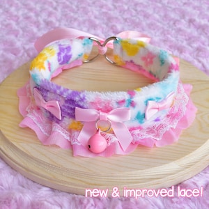 Pink Flowers Fuffy Kitten Collar | Pet Play Cosplay Gear Adult Ruffles Lace Bow Kawaii
