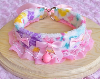 Pink Flowers Fluffy Kitten Collar | Pet Play Cosplay Gear Adult Ruffles Lace Bow Kawaii