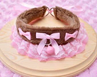 Brown & Pink Fluffy Kitten Collar | Pet Play Cosplay Gear Adult Ruffles Lace Bow Kawaii