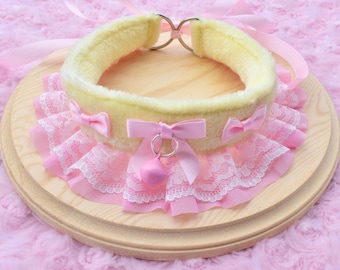 Pastel Yellow & Pink Fluffy Kitten Collar | Pet Play Cosplay Gear Adult Ruffles Lace Bow Kawaii