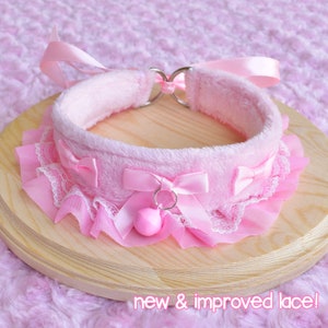 Pink Fluffy Kitten Collar | Pet Play Cosplay Gear Adult Ruffles Lace Bow Kawaii