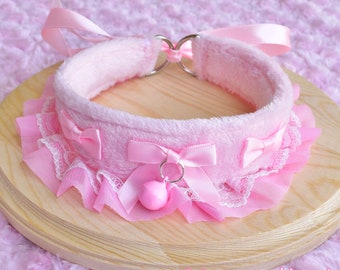 Pink Fuffy Kitten Collar | Pet Play Cosplay Gear Adult Ruffles Lace Bow Kawaii