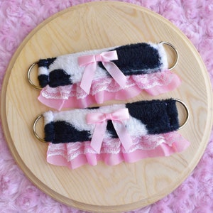 Cow Print Fluffy Cuff Set - Petplay Kitten Cute Lace Adult Adjustable - Choose your size