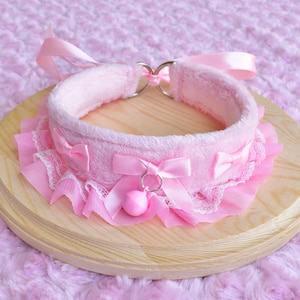 Pink Fluffy Kitten Collar | Pet Play Cosplay Gear Adult Ruffles Lace Bow Kawaii