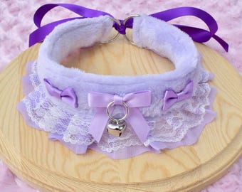 Purple Fluffy Kitten Collar | Pet Play Cosplay Gear Adult Ruffles Lace Bow Kawaii