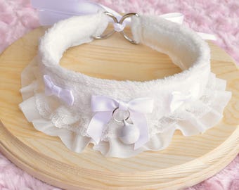 White Fluffy Kitten Collar | Pet Play Cosplay Gear Adult Ruffles Lace Bow Kawaii