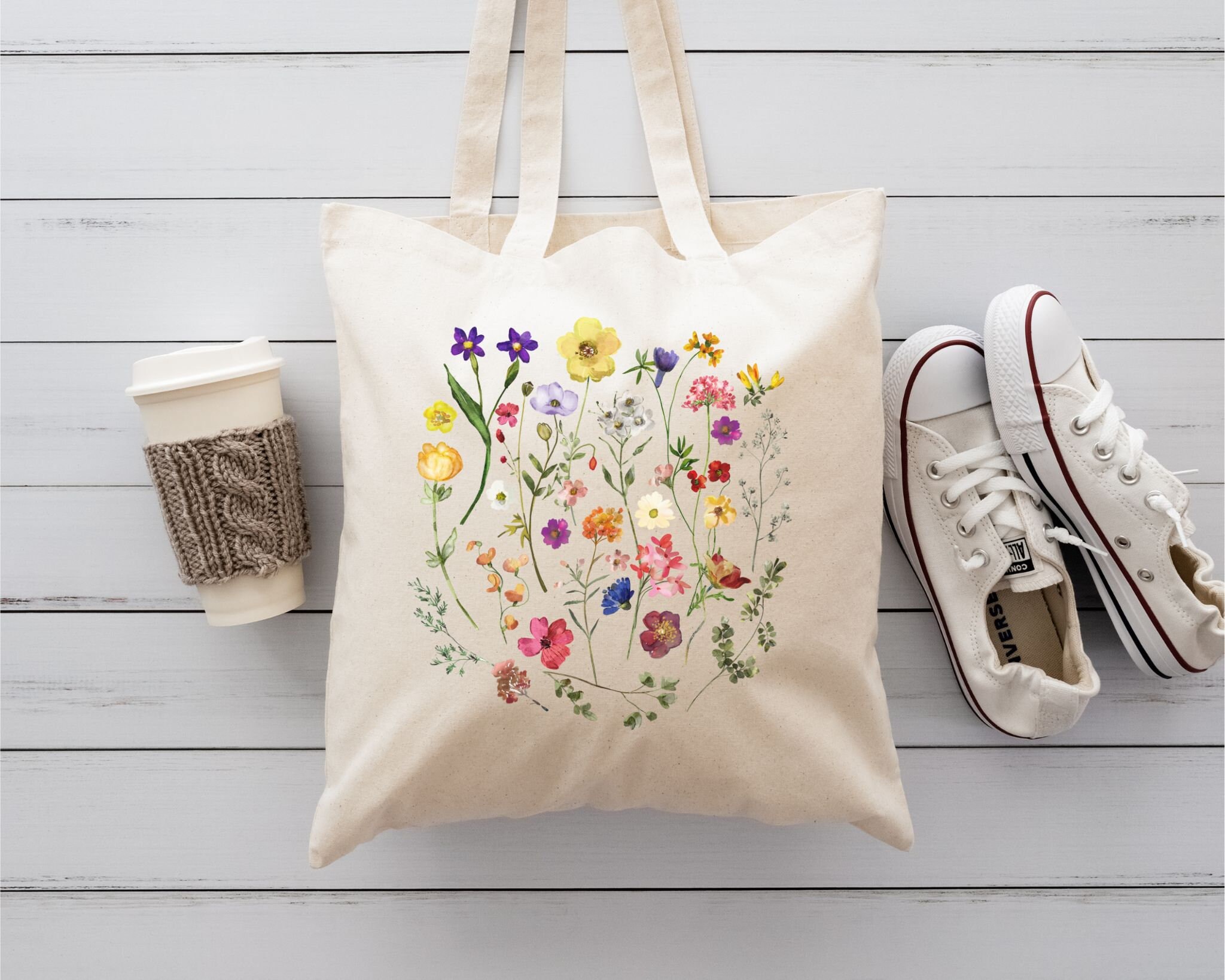 Pressed Wildflower Canvas Bag, Cottagecore Mother's Day Wild