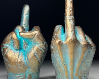 Hand With A Middle Finger Gypsum Figurine Old Bronze Color