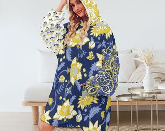 Fleur bleue et jaune (couverture à capuche oversize, vêtements chauds rave, pull, couverture à capuche avec poche, festival/rave)