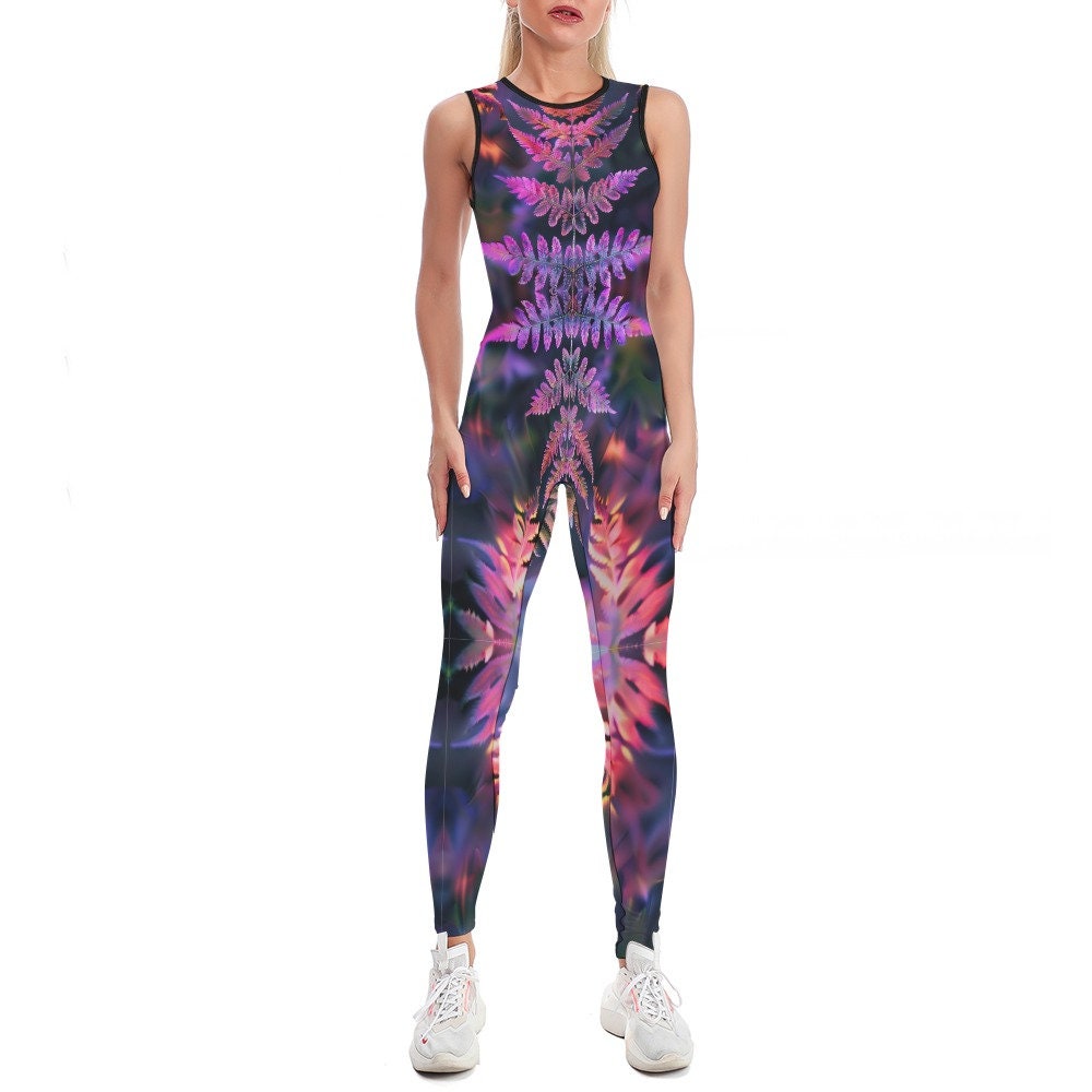Colorful Fern Bodysuit (yoga catsuit, pole dance wear, spandex catsuit, yoga body suit, festival outift, aerial, pole dance bodysuit, satin)