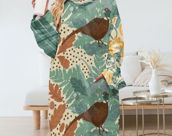 Pheasant Floral (Oversized Hoodie Blanket, warm rave clothes, Oversized Blanket Sweater, Hoodie Blanket with pocket, festival/rave)