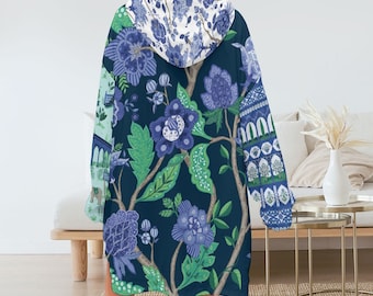 Grün und Blau Floral Patchwork (Oversized Hoodie Decke, warme Kleidung, Fleece, Kapuzenpullover, Festival/Rave)