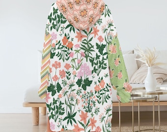 Grüner und rosa Blumen-Patchwork (Übergroße Hoodie-Decke, warme Rave-Kleidung, Hoodie-Decke mit Tasche, Festival/Rave)