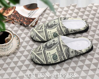 Geld 100 Dollar Bill Cotton Slippers Gummisohle Hausschuhe für Frauen Geschenk Festival tragen Schuhe Folie gemusterte Slipper bequem