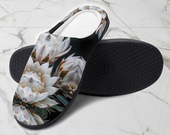 Zapatillas de algodón con flores Protea, zapatillas con suela de goma para mujer, regalo para festival, zapatos deslizantes, zapatillas estampadas cómodas