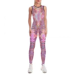 Pink Fern Catsuit (yoga catsuit, pole dance wear, spandex catsuit, yoga bodysuit, festival catsuit, pole dance bodysuit, satin)