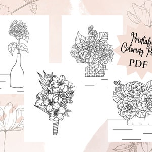May include: Four black and white line drawings of floral arrangements. The first image shows a single flower in a vase. The second image shows a bouquet of flowers in a basket. The third image shows a bouquet of flowers tied together. The fourth image shows a bouquet of flowers in a basket. The text "Printable Coloring Pages PDF" is in a starburst shape.