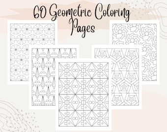60 Geometric Coloring Pages, Adult Coloring Book, Digital Download, Printable Coloring Pages