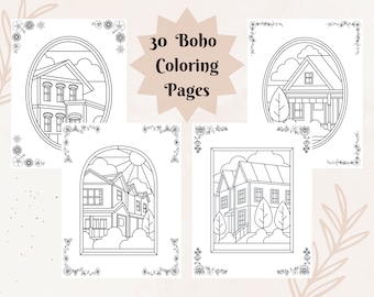 30 Boho Coloring Pages, Houses Coloring Pages, Instant Download, For Adults, Teens and Children.