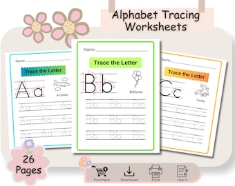 Alphabet Tracing Worksheets A-Z, Preschool, Pre-K and Kindergarten, Handwriting Letters Tracing, Printable Sheets, Instant Download