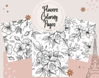 22 Flowers Coloring Pages, Printable Coloring Pages, Digital Download, For Adults and Teens