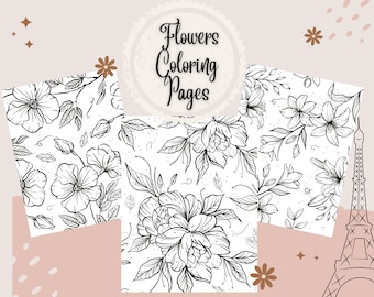 22 Flowers Coloring Pages, Printable Coloring Pages, Digital Download, For Adults and Teens