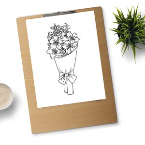 May include: A black and white line drawing of a bouquet of flowers wrapped in paper with a bow. The flowers are in a vase.