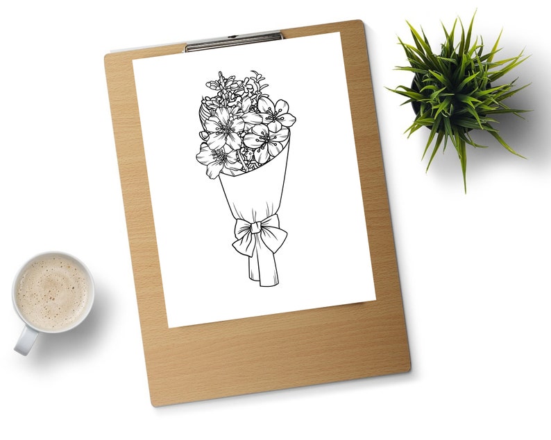May include: A black and white line drawing of a bouquet of flowers wrapped in paper with a bow. The flowers are in a vase.