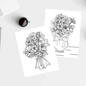 May include: Two black and white line drawings of flower bouquets. The first bouquet is in a vase with a bow. The second bouquet is tied with a ribbon.