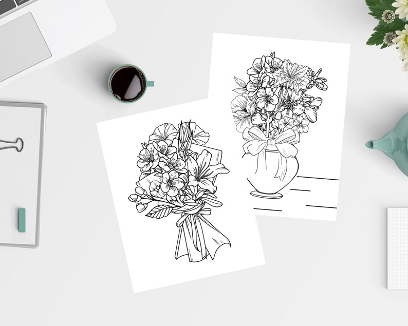 May include: Two black and white line drawings of flower bouquets. The first bouquet is in a vase with a bow. The second bouquet is tied with a ribbon.