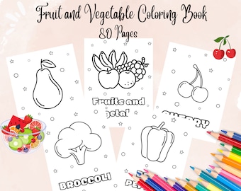 Fruits and Vegetables Coloring Book, 80 Coloring Sheets, Kids Activity, Instant Download, Printable, PDF