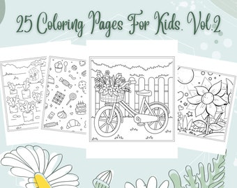 Coloring Pages For Kids, Digital Download, Printable, 25 Different Images Coloring Sheets, PDF, Vol.2
