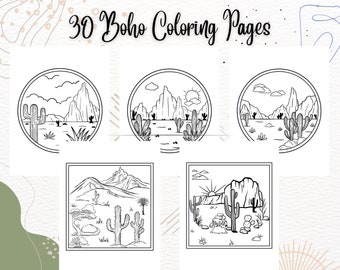 30 Boho Coloring Pages, Desert Landscape Coloring Pages, Digital Download, Printable, PDF