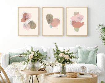 Abstract Leaves Wall Art Set of 3, Modern Printable Wall Art, Digital Prints, Boho Wall Decor