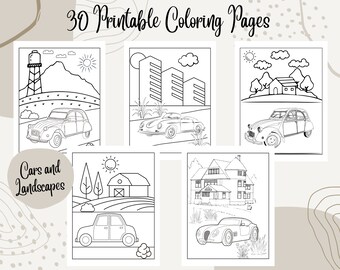 30 Coloring Pages for Kids, Teens and Adults, Printable Cars and Landscapes Coloring Pages, Instant Download
