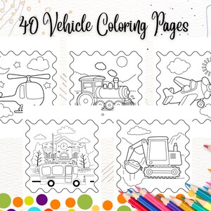 40 Vehicle Coloring Pages, Digital Download, Printable Coloring Pages for Kids, PDF