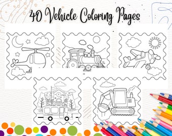 40 Vehicle Coloring Pages, Digital Download, Printable Coloring Pages for Kids, PDF