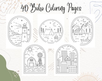40 Boho Coloring Pages, Landscape Coloring Pages, Instant Download, Printable, For Children, Teens and Adults.