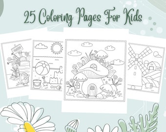Coloring Pages For Kids, Digital Download, Printable, 25 Different Images Coloring Sheets, PDF