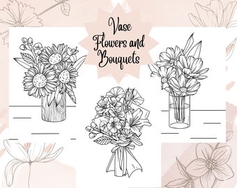 Florero, flores y ramos para colorear, descarga instantánea, 20 páginas para colorear imprimibles
